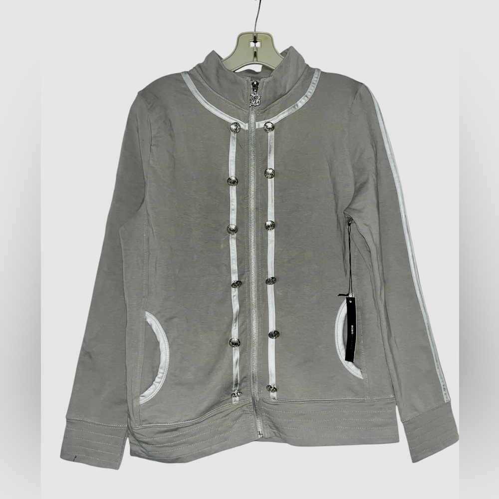 BCBGMaxAzria Gray Zip-Front  Jacket with Silver Trim and Studded Back Design